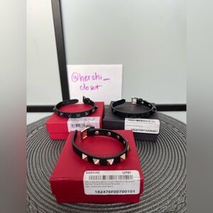 NWT Valentino Garavani Rockstud Leather Bracelet Leather Noir Silver Gold Black